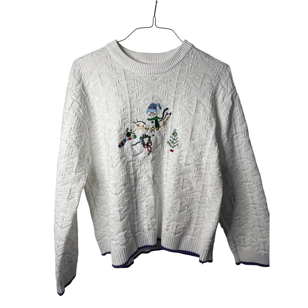 VTG Cabela's‎ Women Large White Knit Sweater Snowman Winterwear Embroidered Cozy